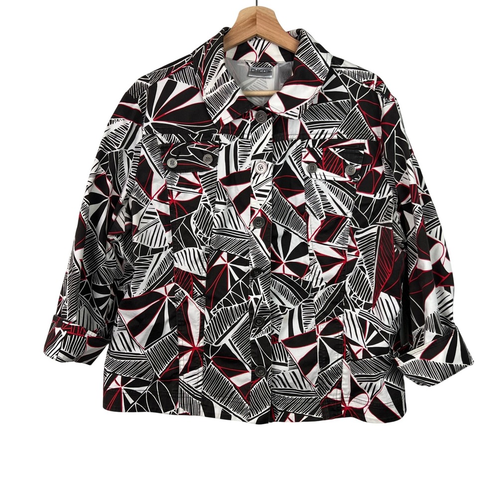 Chicos Size 3 (XL) Abstract Leaves Print Button Up Long Sleeve Topper Jacket‎